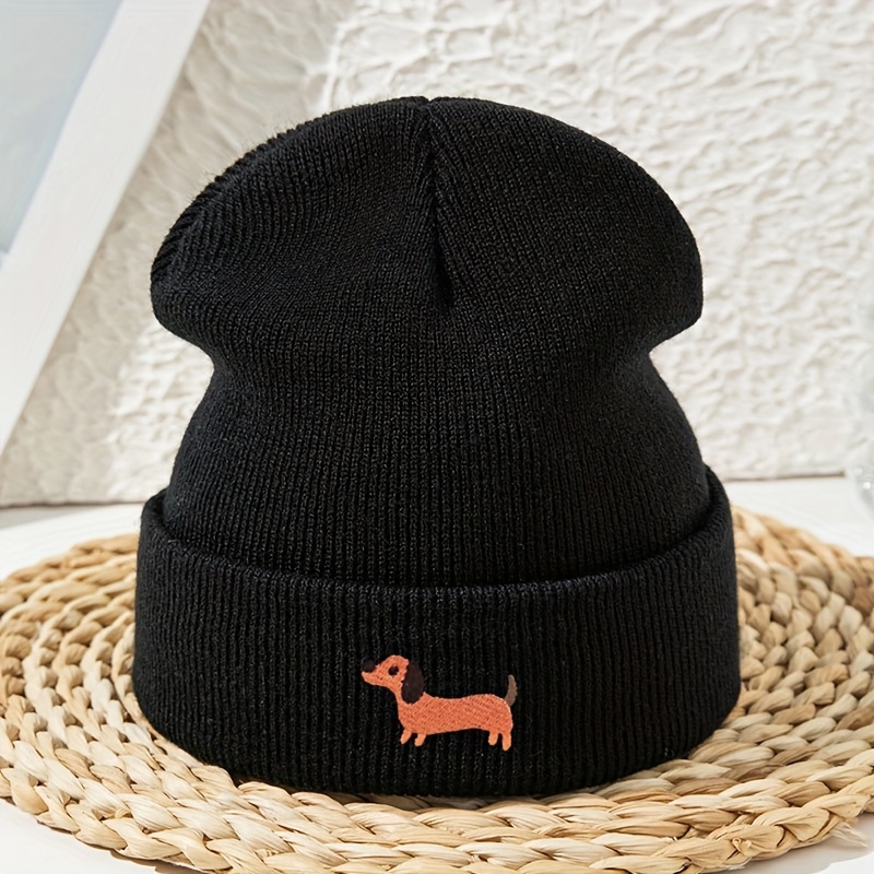 TEMU Women's Cartoon Dachshund Embroidered Beanie, Unisex Pullover Hat For Autumn And Winter, Warm Outdoor Skull Cap For Cycling And Skiing, Casual