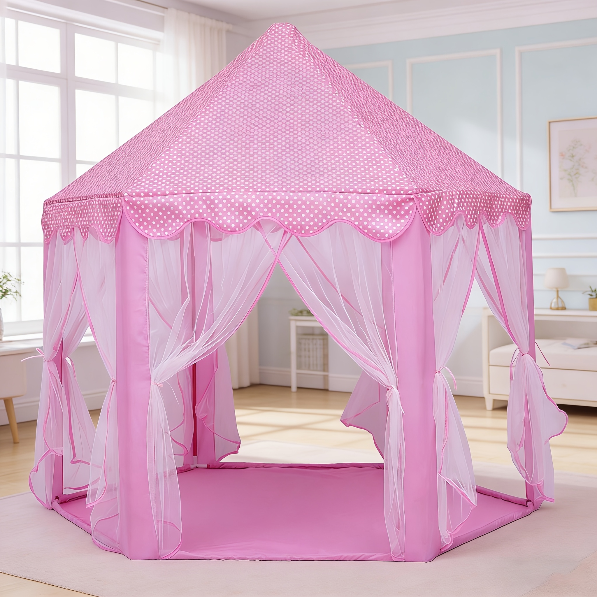 TEMU Princess Castle Play Tent For Girls, Pink Hexagon Playhouse With Lace Curtains, Indoor Outdoor Foldable Fairy Tent Gift For Toddlers Kids