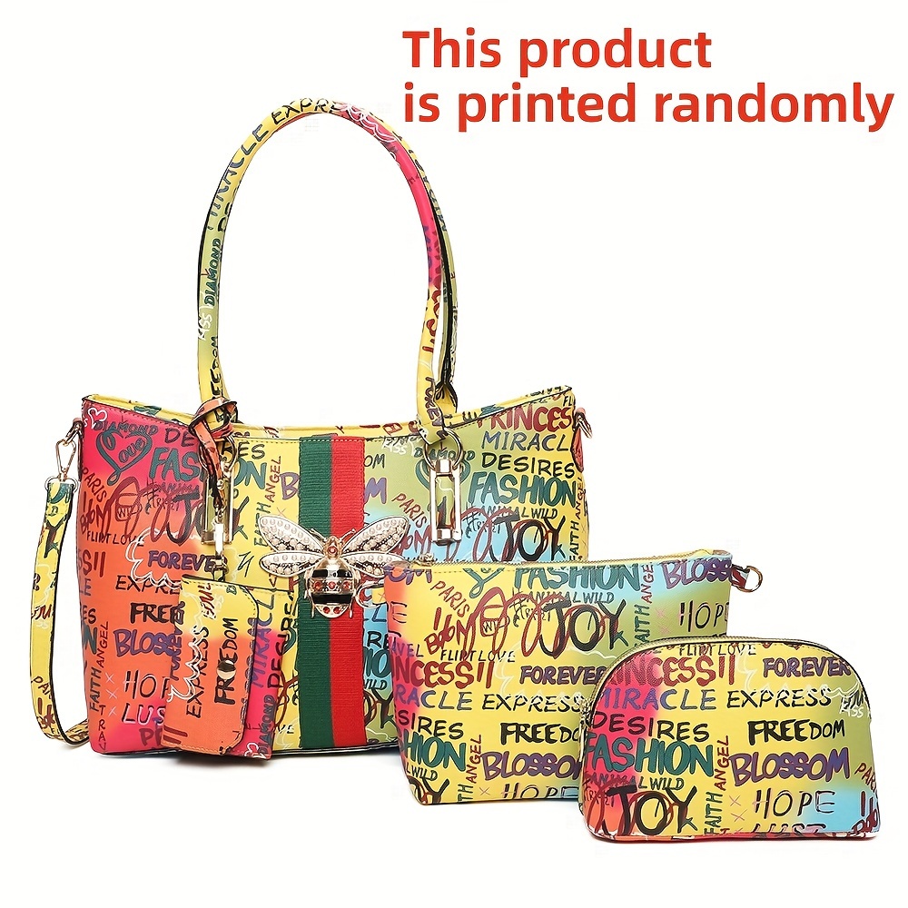 Letter Graffiti Print Bag Set Trendy Bee Decor Tote Bag Temu