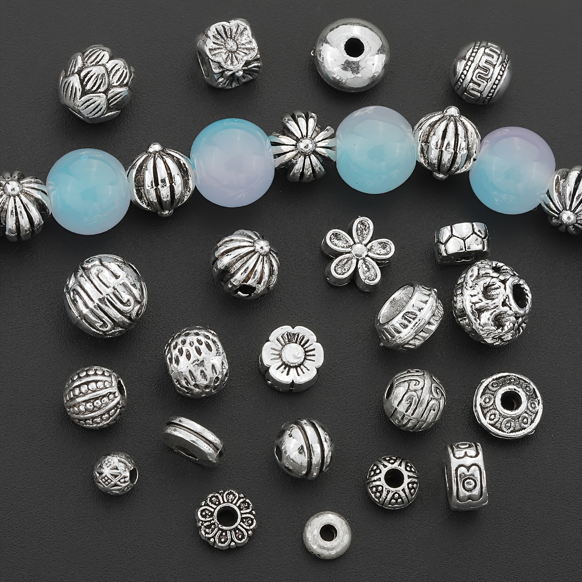 

100pcs Alloy Assorted Beads Mix, Vintage Floral & Round Charms, Loose Spacer Beads For Making, Fashion Bracelets, Necklaces, Earrings, Anklets, Craft Supplies