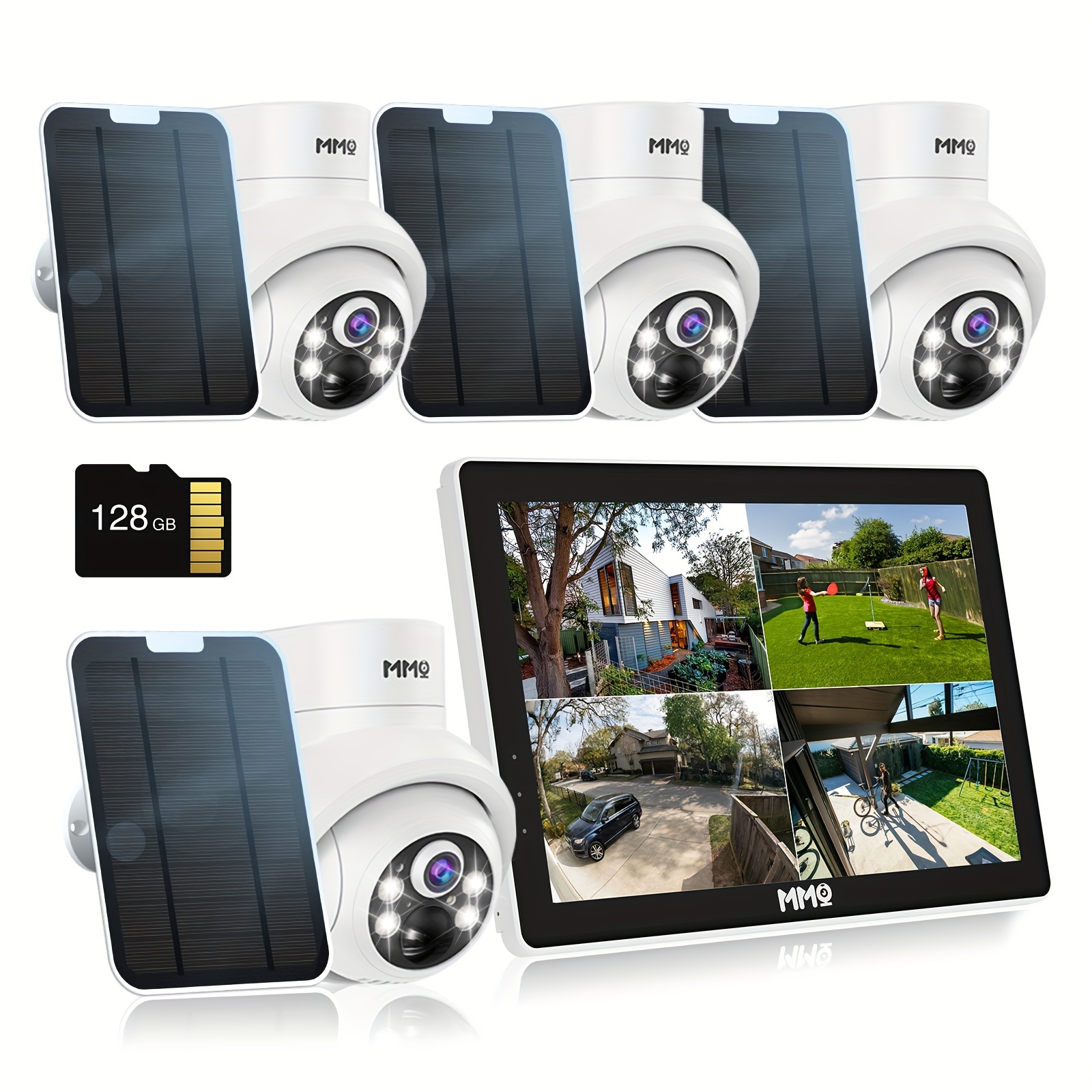

Solar Outdoor With 10in Lcd Monitor, 4-cam Kit Wireless, Battery Powered Cameras For Home Security With 128gb Local Storage, Pir Detection, 360° View, 2.5k Color Night Vision, No Subscription
