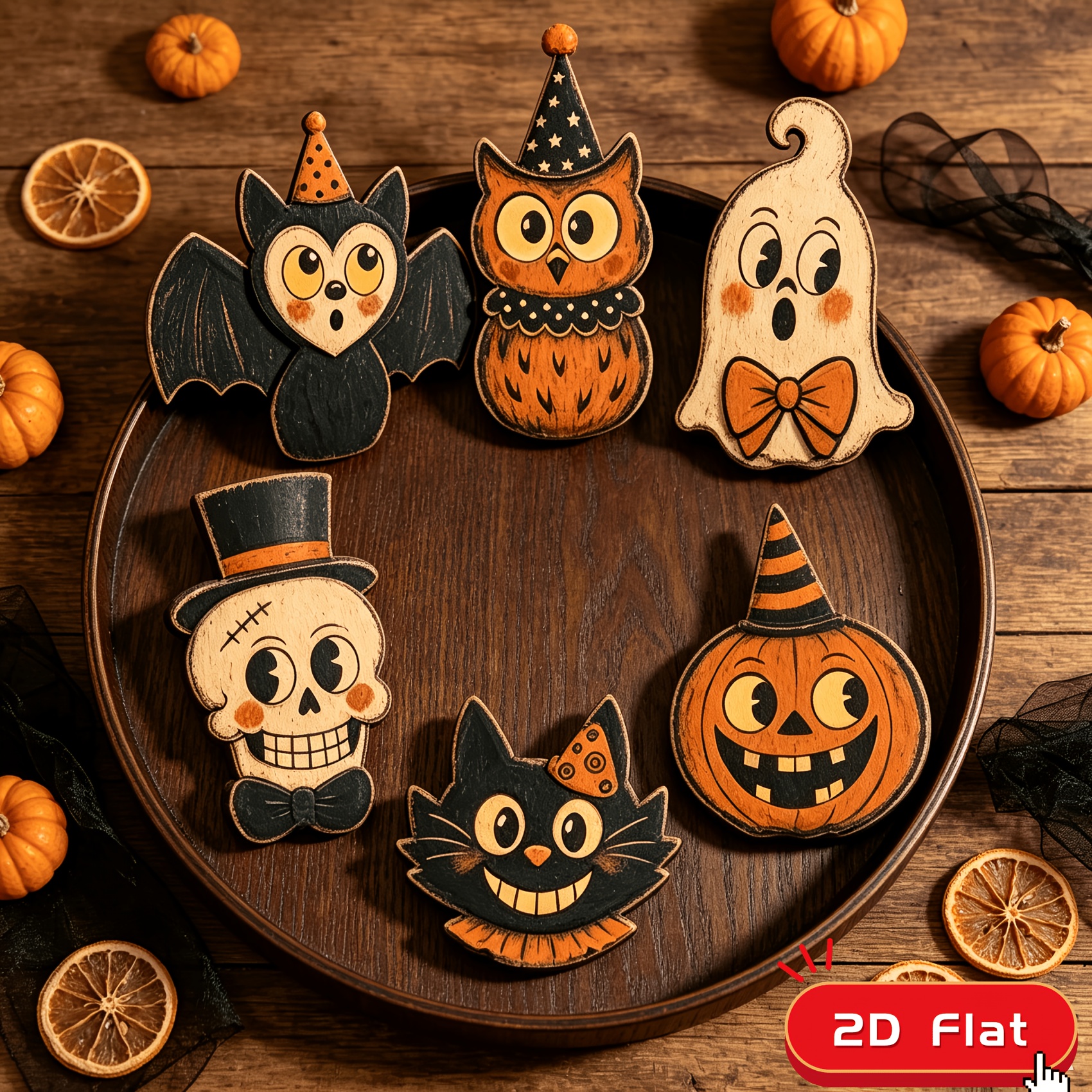TEMU Ensemble de 6 pièces 2D plat, Décoration d'Halloween rétro imprimée sur bois, Ornements en bois, Décorations mignonnes de , citrouille, , crâne,