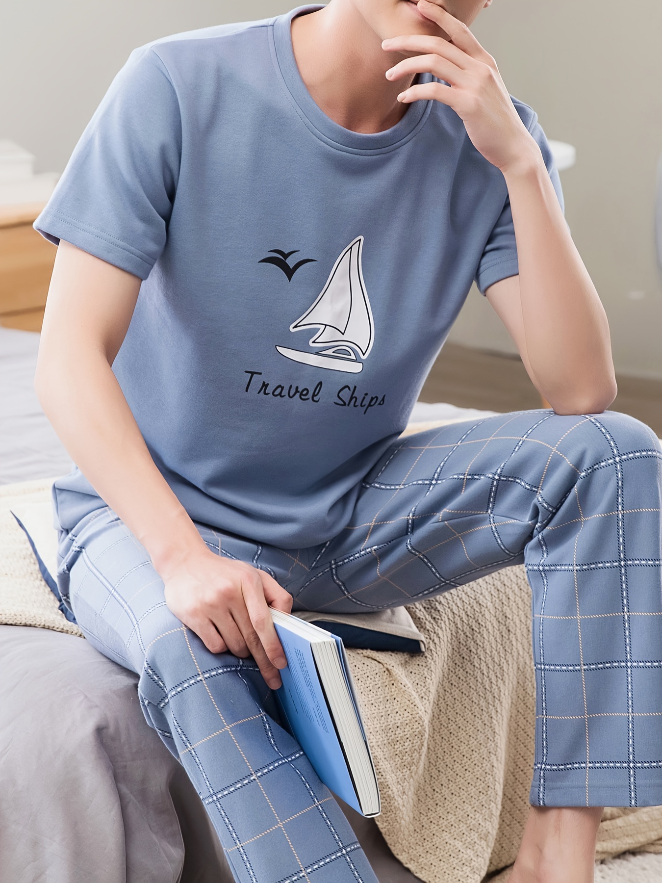 Men's Summer Cotton Pajama Set - Casual & Comfy Short Sleeve Tee with Long Pants, Breathable Lightweight Sleepwear