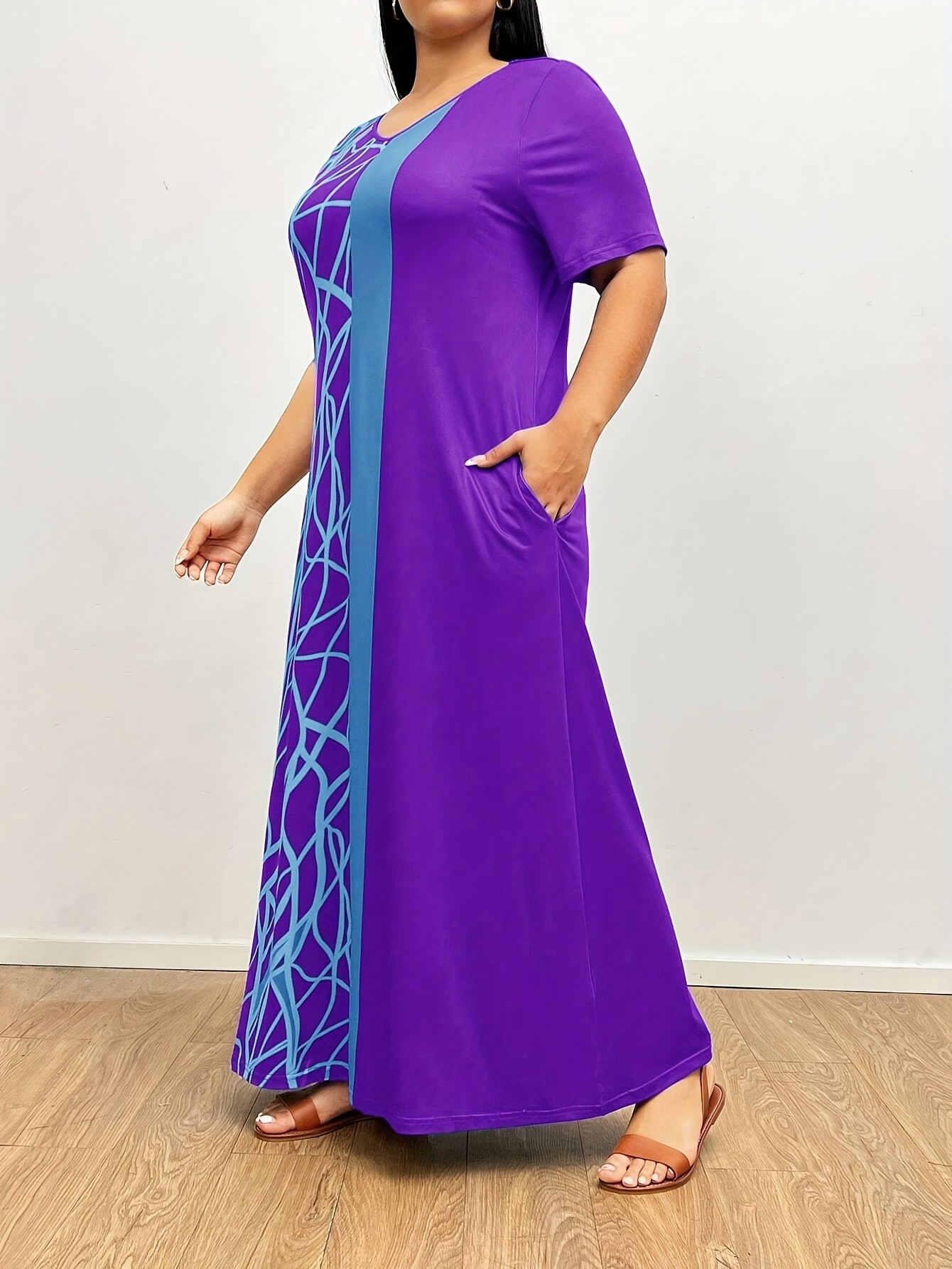 Purple Plus Size T Length Dresses Women'S Plus Size V-Neck Elegant - Main Image