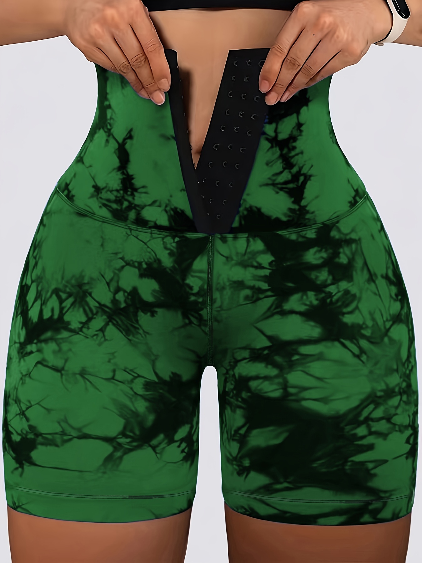 Women's High-Waist Tummy Control Shorts with Double-Breasted Closure, Print Design, Stretchy & Lifting, Blue Marbled Pattern, Front Pockets, Casual Style, Everyday Fashion | Highwaist Leggings | Stretchy Fabric, High Waisted Shorts