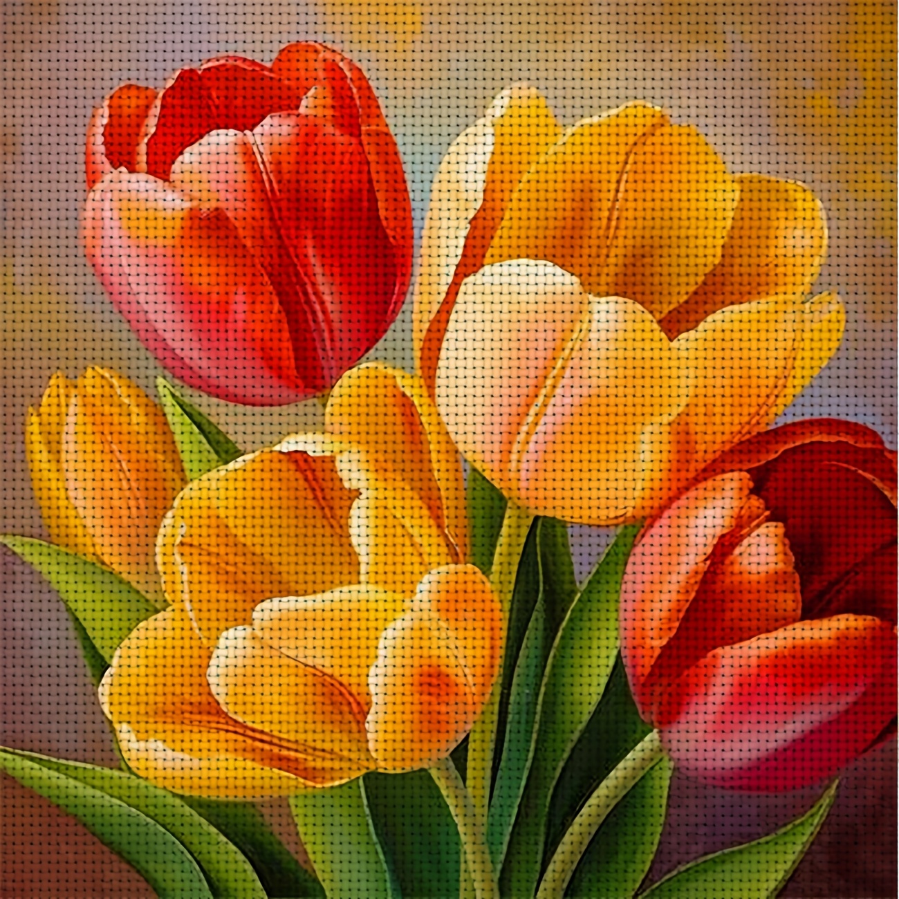 TEMU 1pc Printed Diy Cross Stitch Kit, Frameless, "a Bouquet Of Vibrant Tulips" Pattern, Perfect For Beginners' Relaxing Craft Time, Allows You To