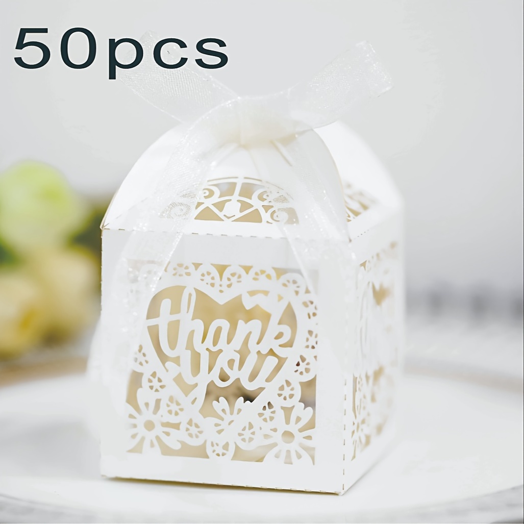 

50pcs Elegant Cut-out Floral 'thank You' Favor Boxes With Ribbons, Paper And Gift Containers For Wedding, Bridal Shower, Birthday Party - Beige