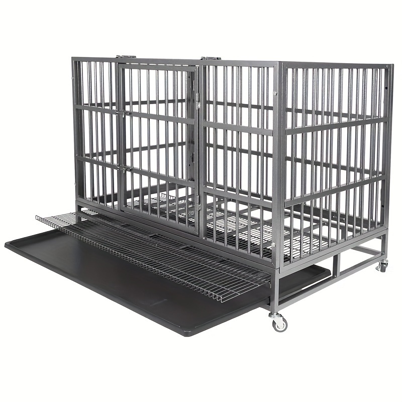 

47 Inch Heavy Duty Dog Crates With Lockable Wheels, Dog Kennel With Double Door And Removable Tray Pan For Medium Dogs