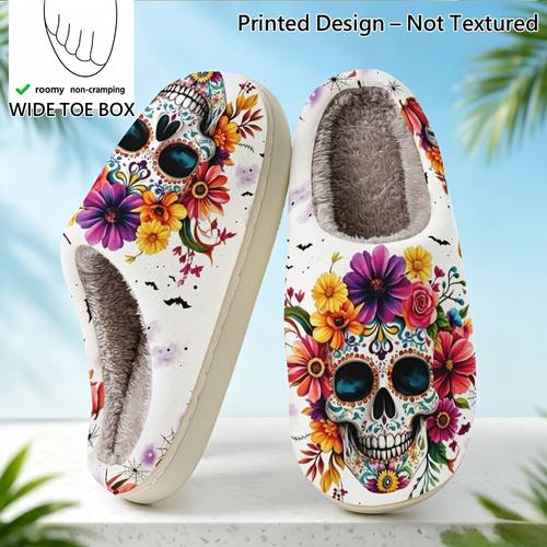 item picture printed design not textured painted skull flower indoor slippers wide last shape trendy artistic unisex house slippers