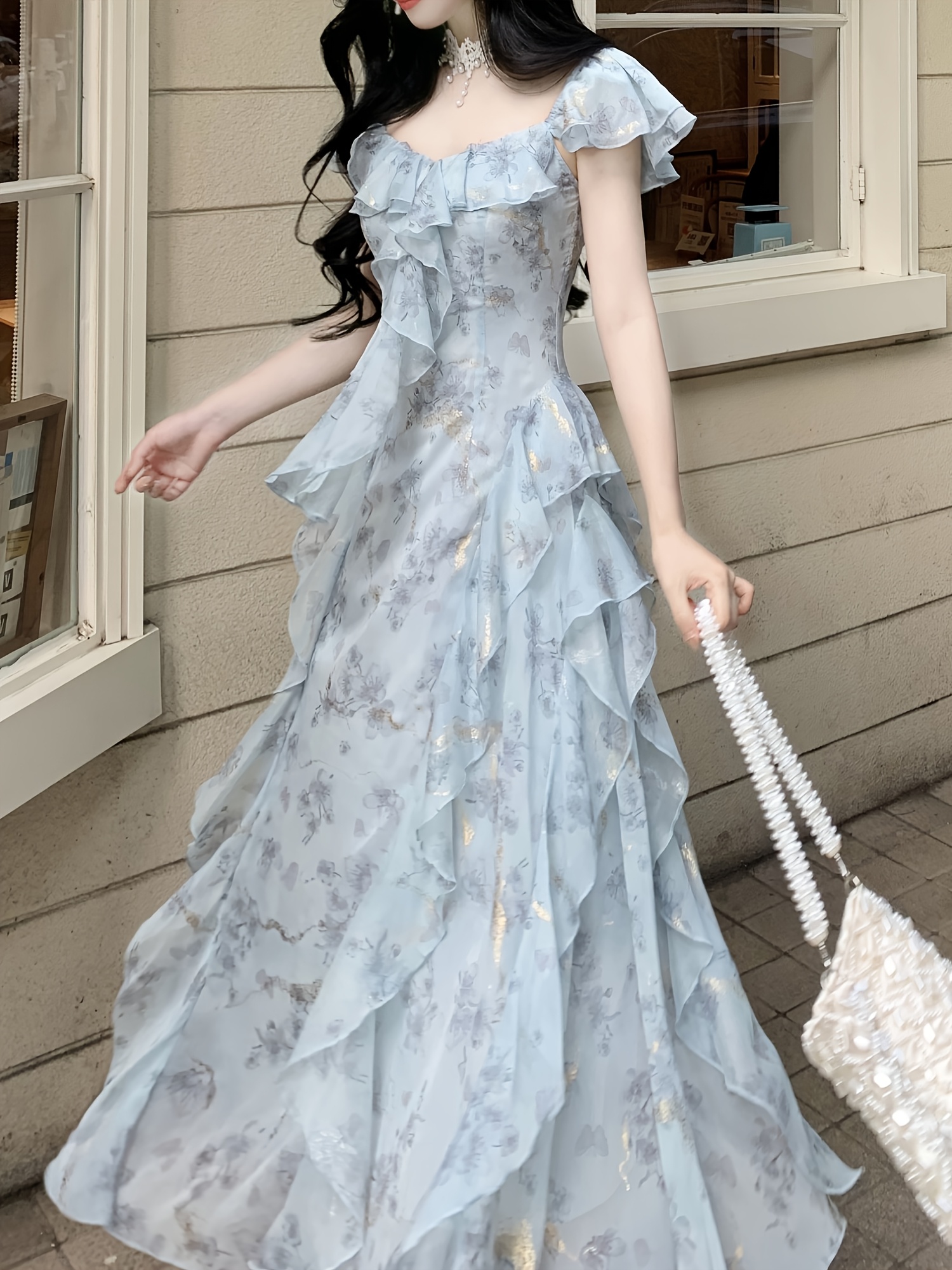 bell soleil cotton mini dress Cicy Womens Summer Puff Sleeve V Neck Floral Boho Beach Dresses Floral Maxi Dress Zara Beach-inspired clothing and fully lined Size:XSML