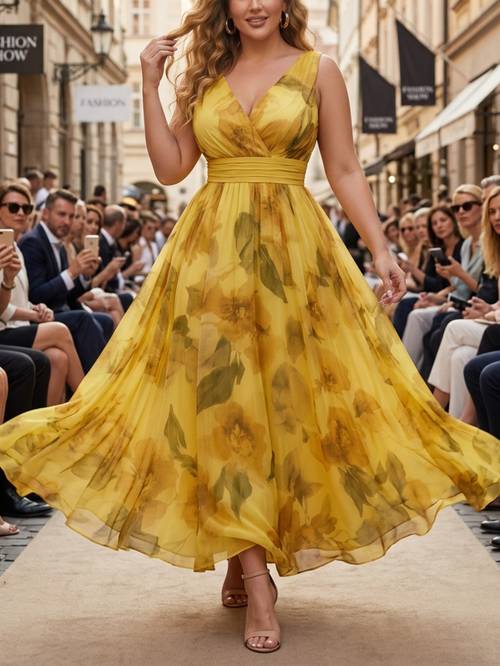 sleeveless dress v neck fitted waist flared long skirt gentle style flowing and suitable for vacation date photos and dinner occasions