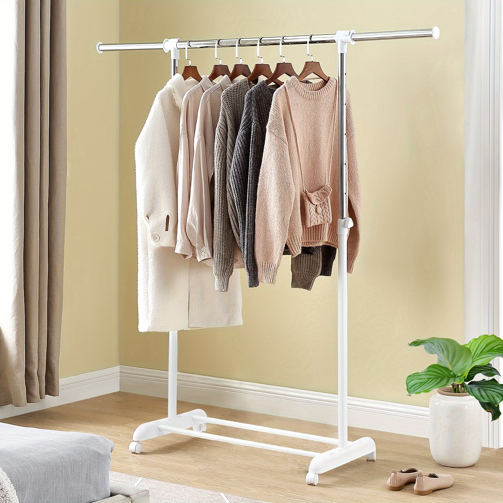 

Adjustable Clothing Rack For Hanging Clothes, Heavy Duty Garment Rack With Wheels, Free Standing Rolling Clothes Easy Assembly Standard Rod, White & Chrome