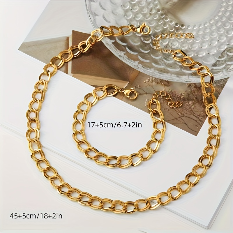 Image of 2pcs Necklace+bracelet Golden Women' Steel Casual Party Versatile With Double Layered Chain Bracelet Necklace Set