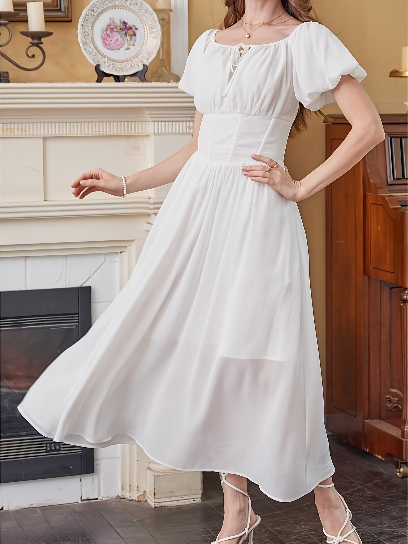 Modelyn Vestido De Gasa Con Mangas Volantes Y Cinturón Para Tallas