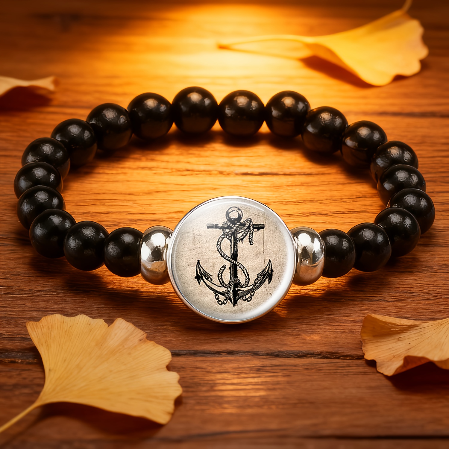 Teenager's Classic Black Bead and Chain Bracelet, Retro Style