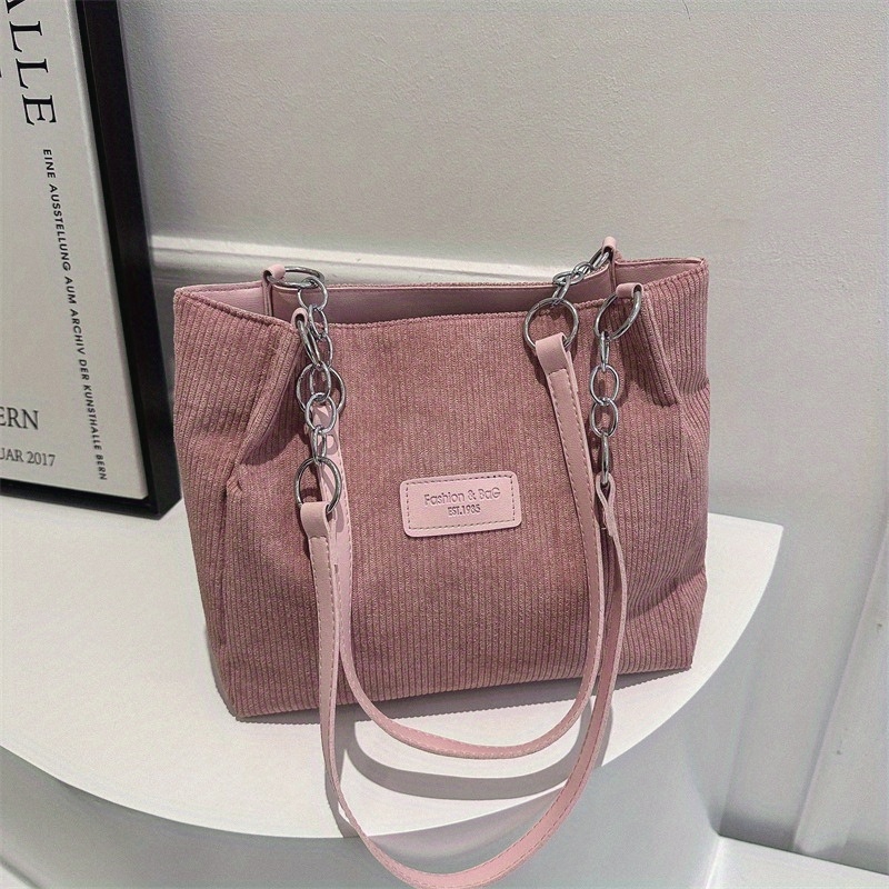 TEMU Women's Corduroy Tote Bag With Chain Strap - Elegant Large Capacity Handbag Suitable For,, Shopping - /// - Corduroy &, Hand Washable Casual To