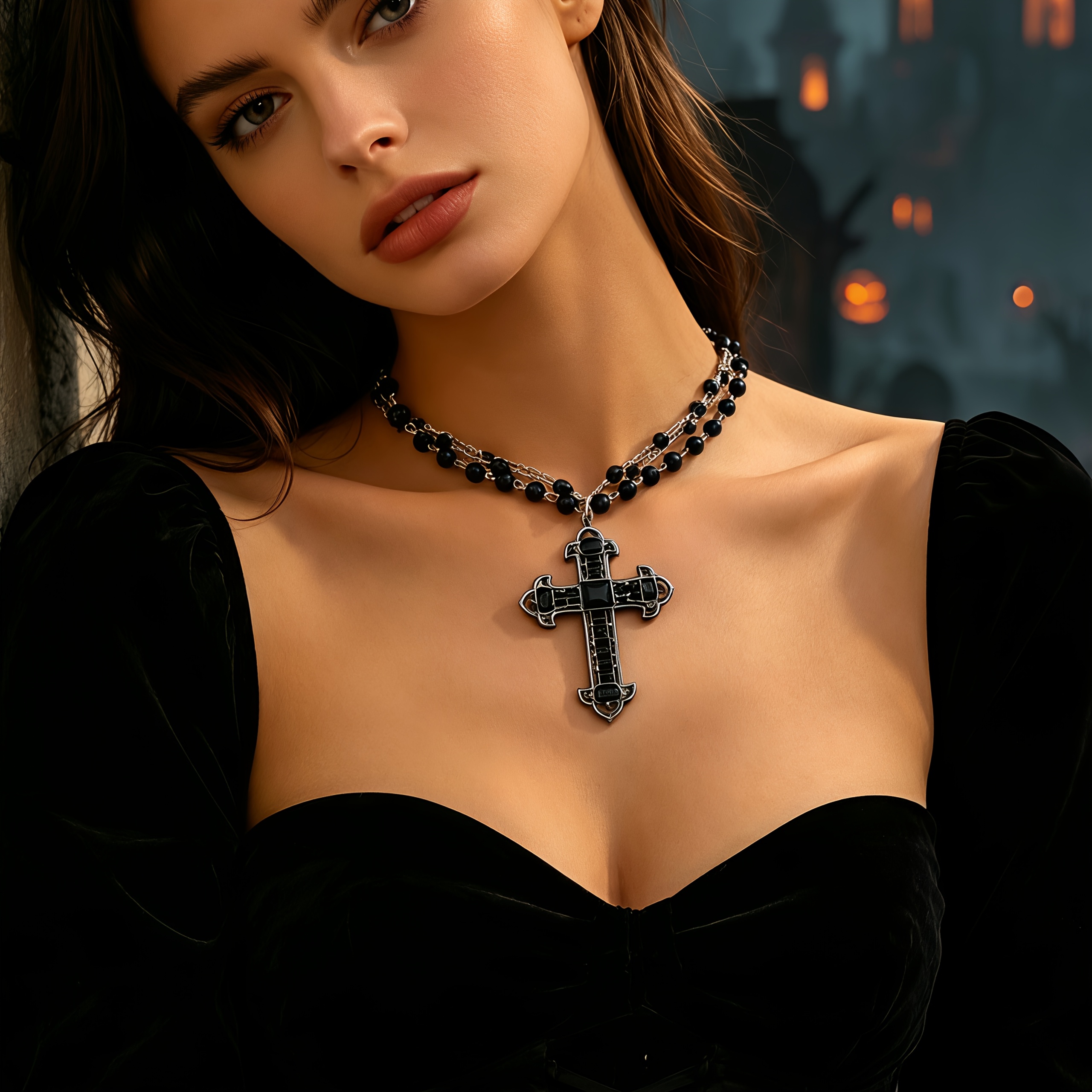 Women's Multi-Layer Black Bead Chain with Vintage Cross Pendant Necklace