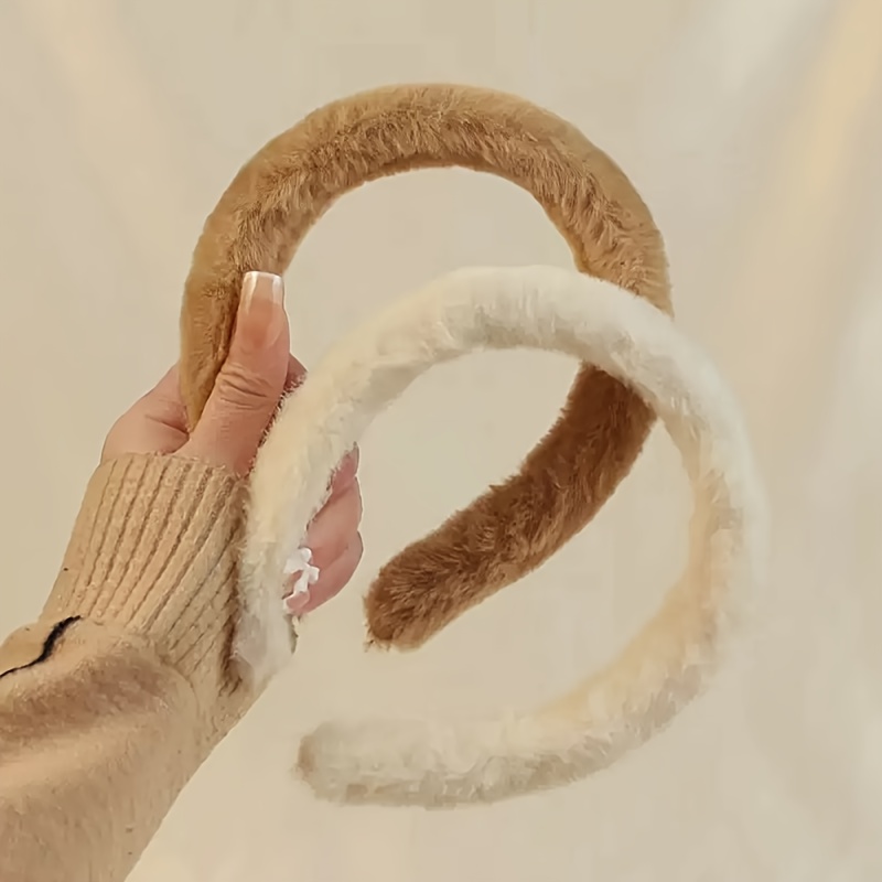 TEMU 2 Cute Fuzzy Headbands For Autumn And Winter, Solid And Soft