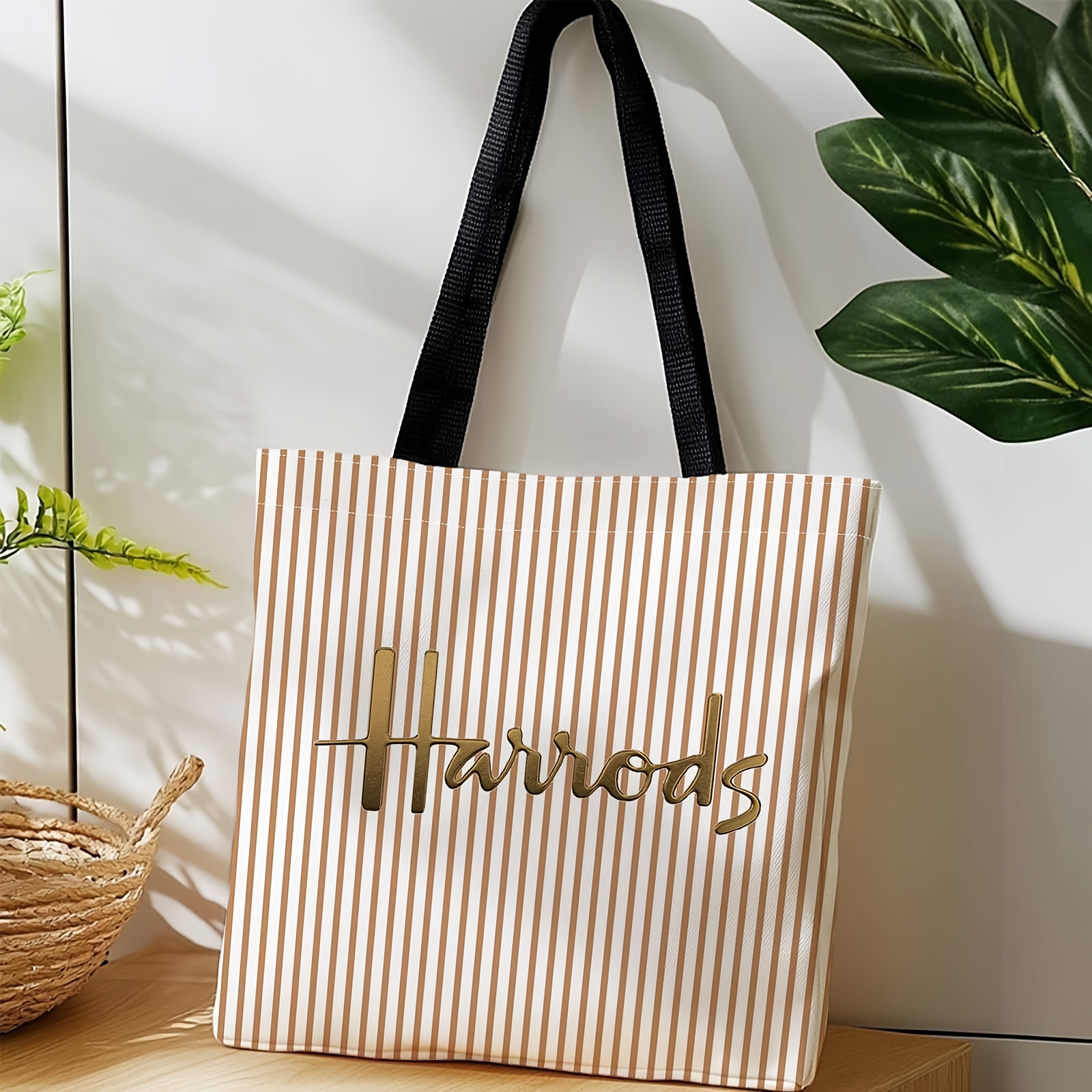 TEMU 1pc Large Capacity Durable Tote Bag - Brand, Golden Lettering, Suitable For Travel, Daily Commute, Shopping, Spring , Picnics, Camping, Ideal