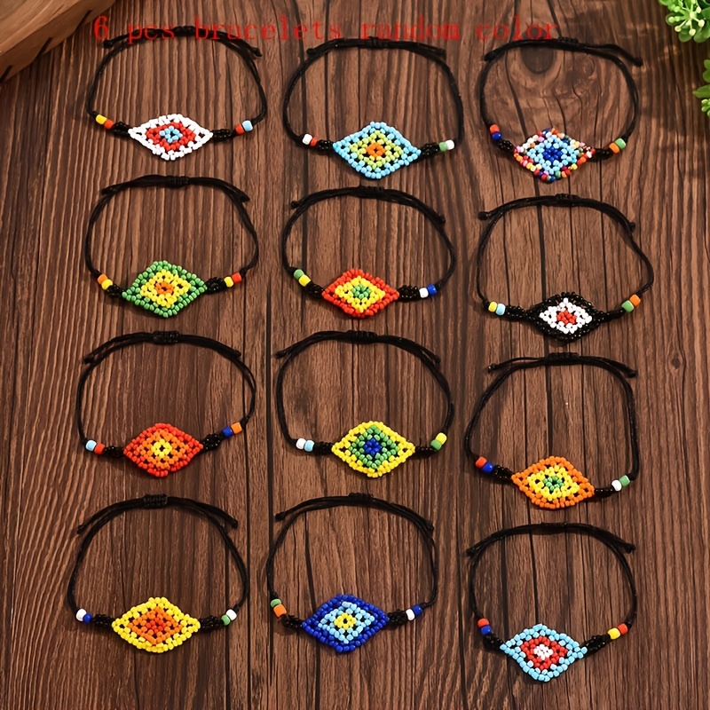 TEMU 6pcs/set Bohemian Crochet Rice Bead Rhombus Bracelet Set For Women (random Colors, Handmade, Colors, Patterns, Shapes Cannot Be )