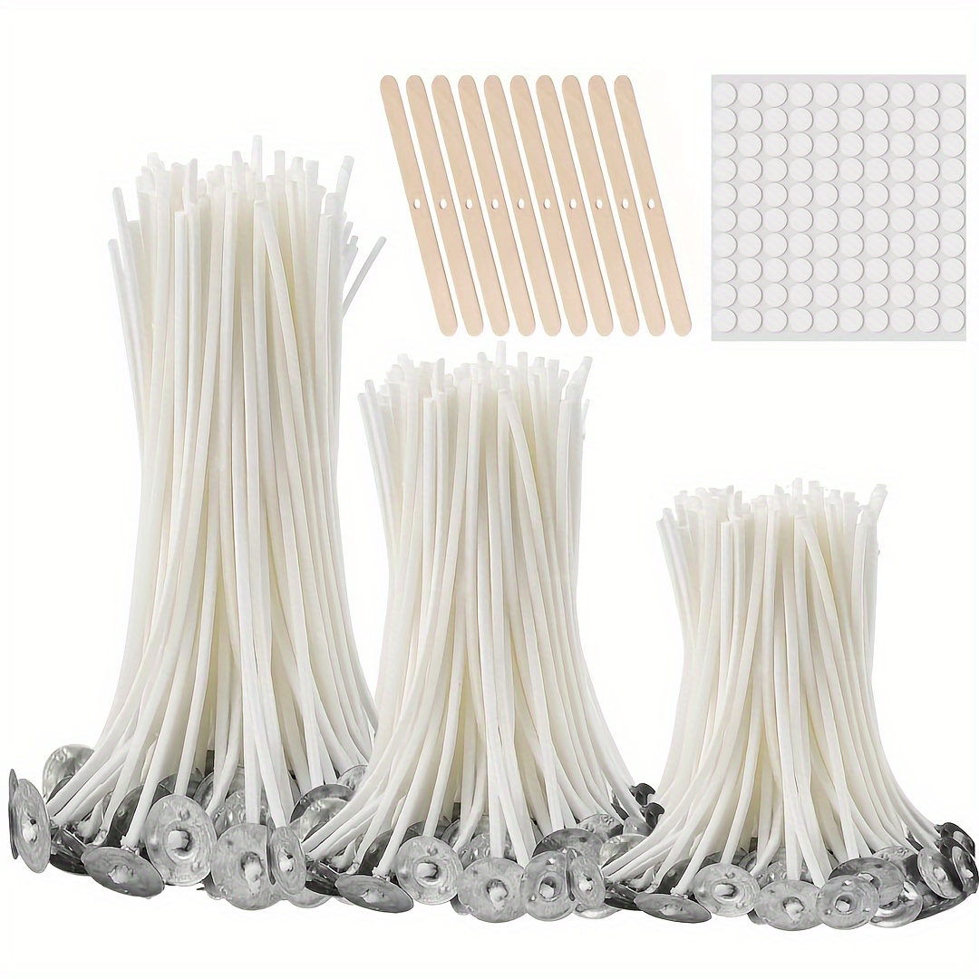 

300pcs Smokeless Candle Wicks, Waxed Cotton Wicks, 100pcs Candle Wick Stickers, 10pcs Wooden Wicks Support, For Diy Candle Making Findings, 10cm/3.9inch, 15cm/6inch, 20cm/8inch (total 410pcs)