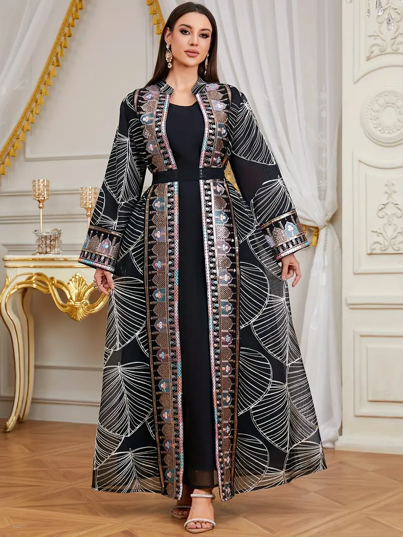 embroidered belted kaftan dress Al Najma Plant Embroidery Contrast Trimmed Belted Kaftan, Modest Long Sleeve Arabian Dress