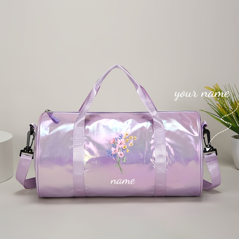 TEMU Custom Floral Print Holographic Women's Handbag, Custom Name, Letters, , Etc. 6 Colors , Zipper Closure Design, Comfortable Shoulder Strap,