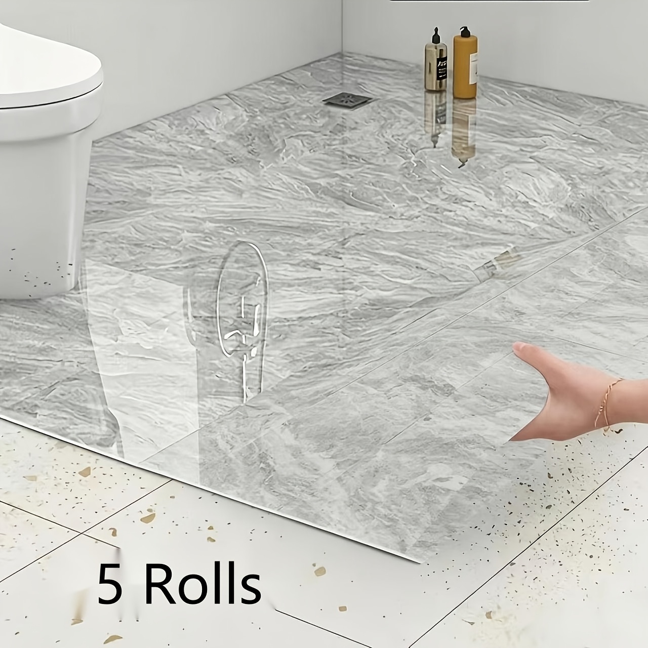 Image of 5-roll Waterproof Vinyl Floor Tiles For Bathroom Floors, Self-adhesive Wallpaper For Toilet And Bathroom Wall Renovation And Concealment