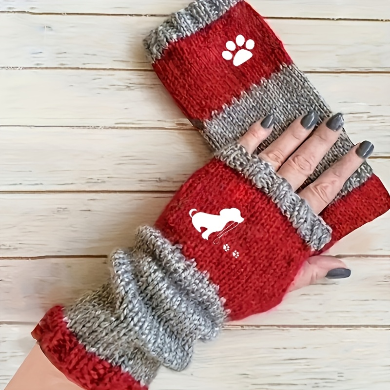 TEMU Gants doigts vintage pour femme à motif chiot - Gants d'hiver épais et chauds avec 9 options de couleur, doigts fendus élastiques et imprimé
