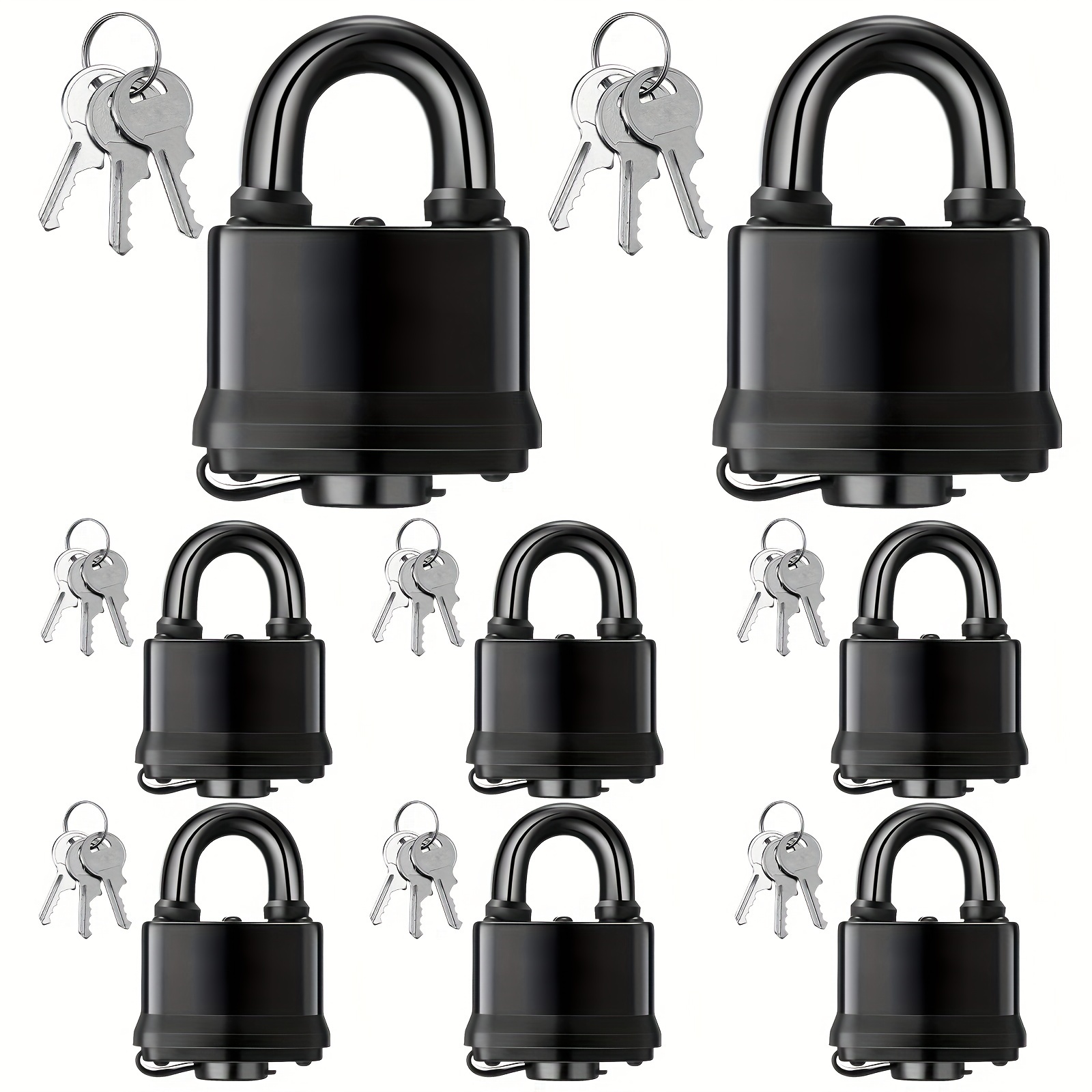 

8 Pcs Waterproof Padlocks With Keyed Outdoor Covered Heavy Duty Laminated Steel Wide Long Pad Lock 2.32 Inch Black Weather Proof Padlock Set Pvc Tagout Lock For Garage, Fence, Shed, Yard
