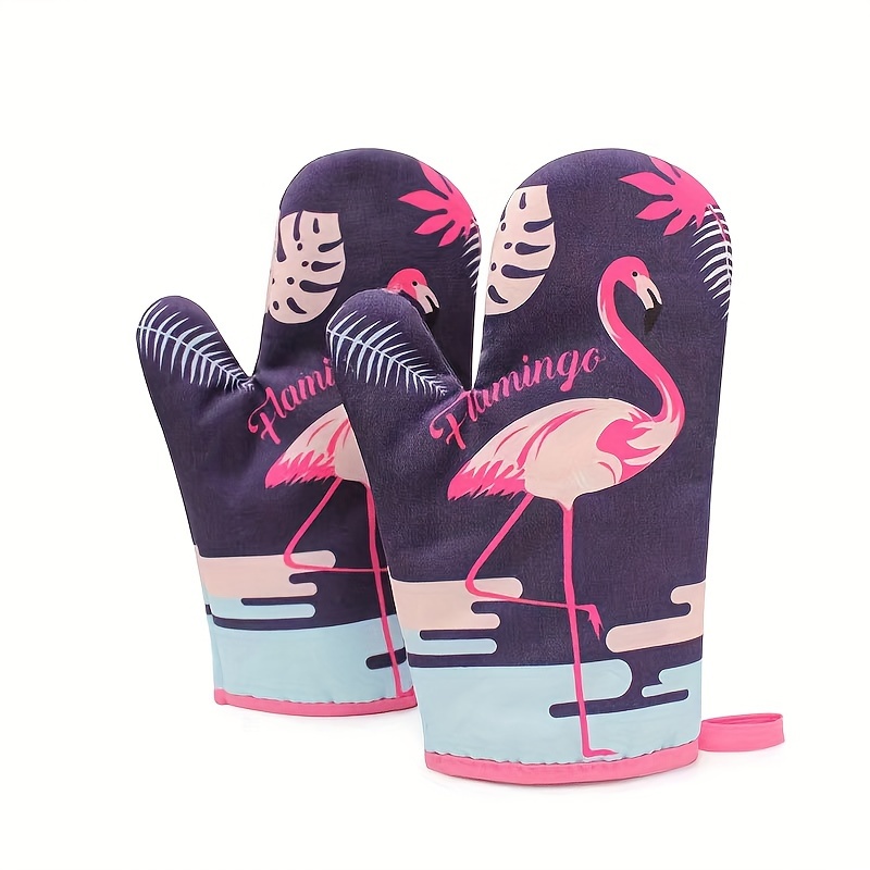 

1 Pair, Flamingo Oven Mitts, Non-slip, Heat Resistant, Polyester-cotton Blend, High Temperature Kitchen Baking Gloves, Comfortable Soft Inner Lining