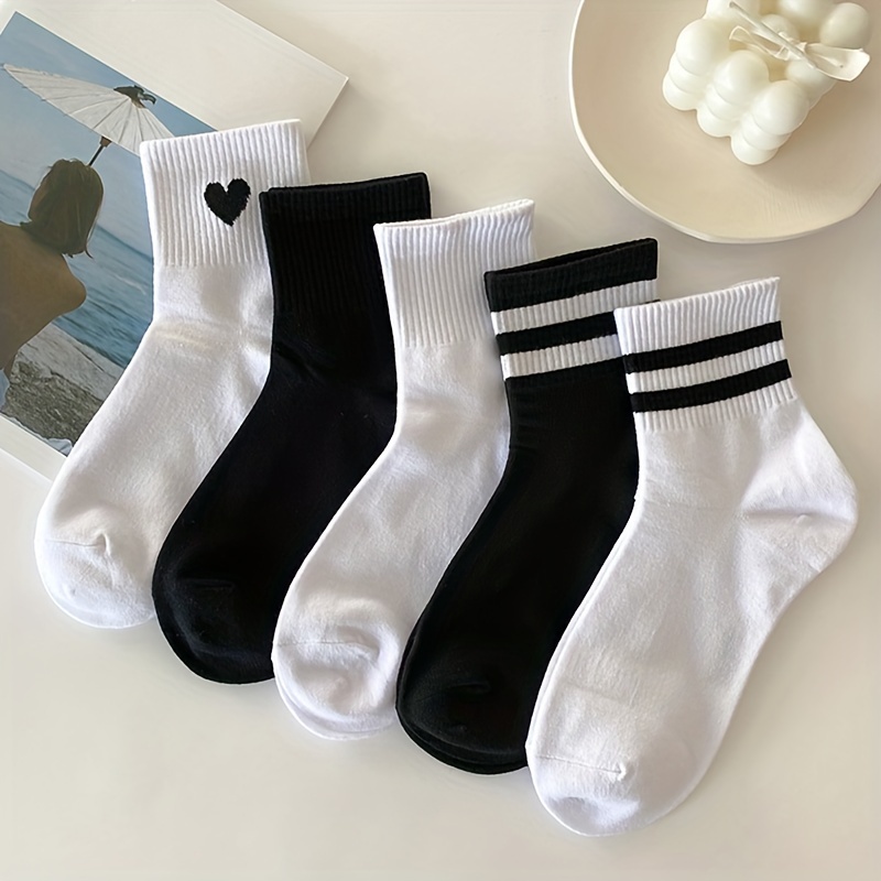 

3/5 Pairs Of Two-bar Plain Color Short Socks