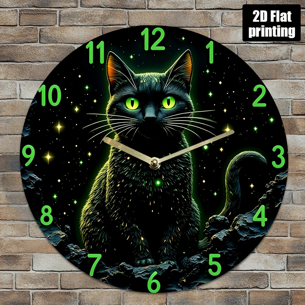 TEMU Reloj de Pared Silencioso de 8 Pulgadas con Diseño de Gato y Noche Estrellada - Números Neón Verdes, Cara de Acrílico , Movimiento de Cuarzo -