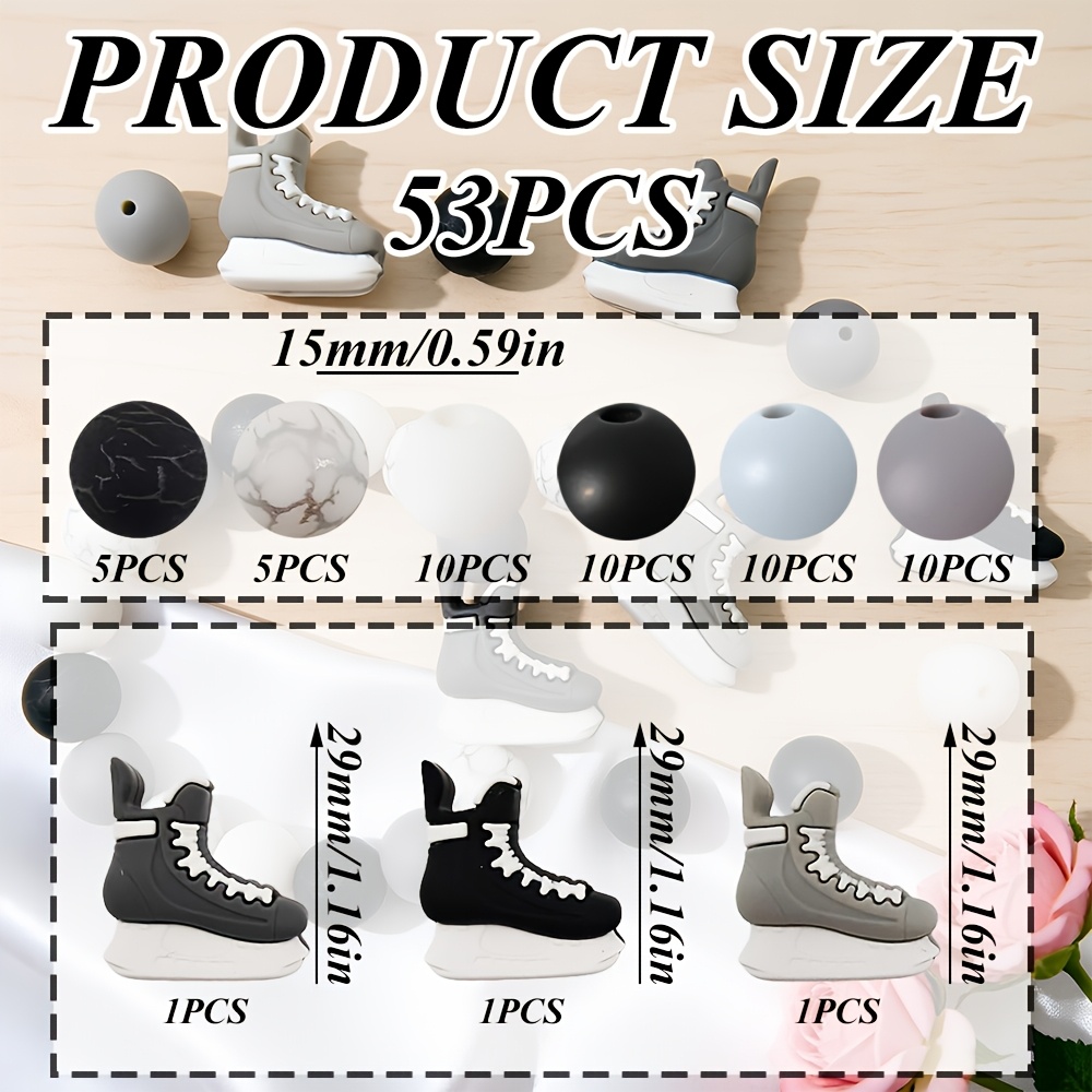 TEMU 53pcs Black White Gray Silicone Bead Set, Including , Dark Gray, Light Gray 3 Styles Of Lace Ice Skates 3d Additions, With 15mm Black Pattern