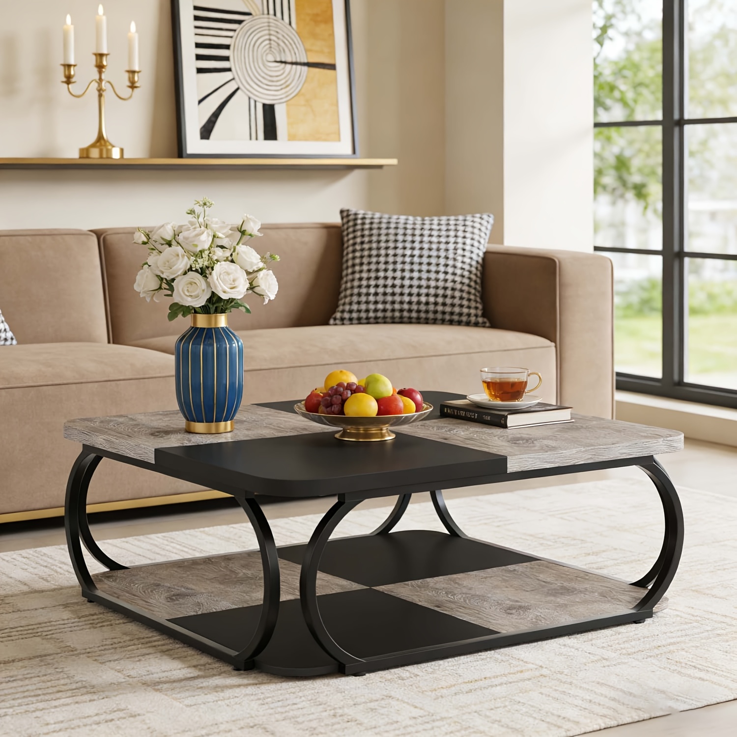 Image of 39 Inch Large Table, 2-tier Farmhouse Center Table With Open Storage Shelf, Wood Top And Metal Frame, Rustic Grey And Black For Living Room, Home Office