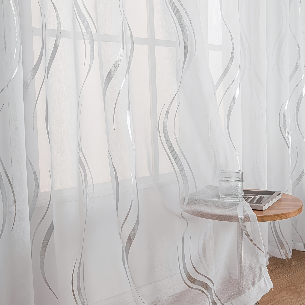 Image of 2pcs Set Of Wavy Striped Sheer Curtains, Rod Pocket Hanging Style, Sunshade Privacy And Protection, Suitable For New Year Christmas Bedroom Living Room Dining Table And Holiday Decorations