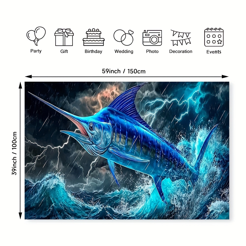 TEMU 2d Flat, 1pc Large Blue Fish Wall Mural - 2d Flat Print Ocean Theme Party Banner, Durable With 3d-style Design ( & Waves) For Indoor/outdoor