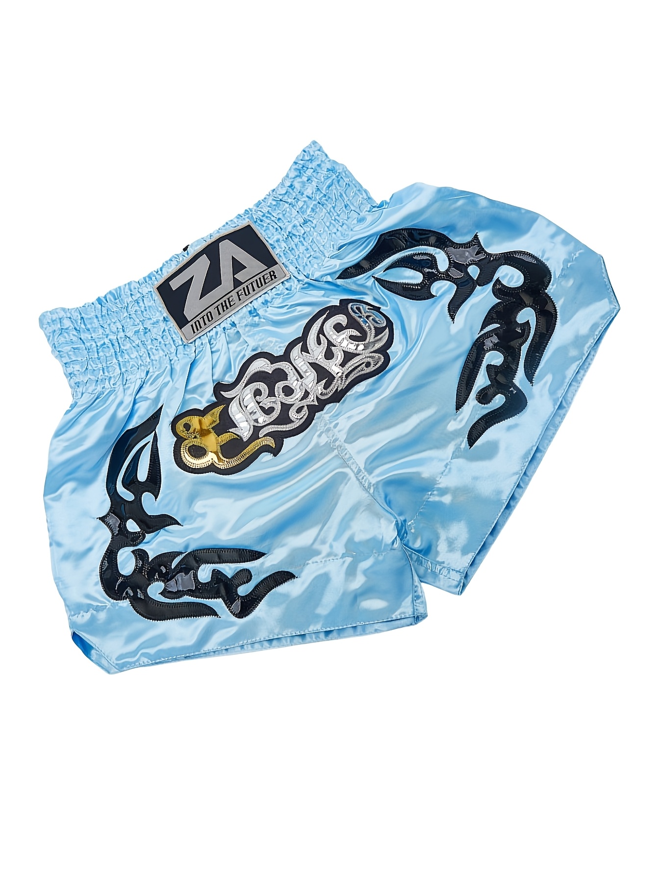 blue embroidered muay thai shorts loose fit non stretch fabric   sports gear authentic muay thai and boxing shorts
