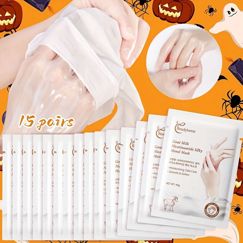 goat milk niacinamide hand mask skincare set for dry rough and cracked hands physical exfoliation deep moisturizing softening hand mask set suitable for party and holiday gifts halloween and christmas details 7
