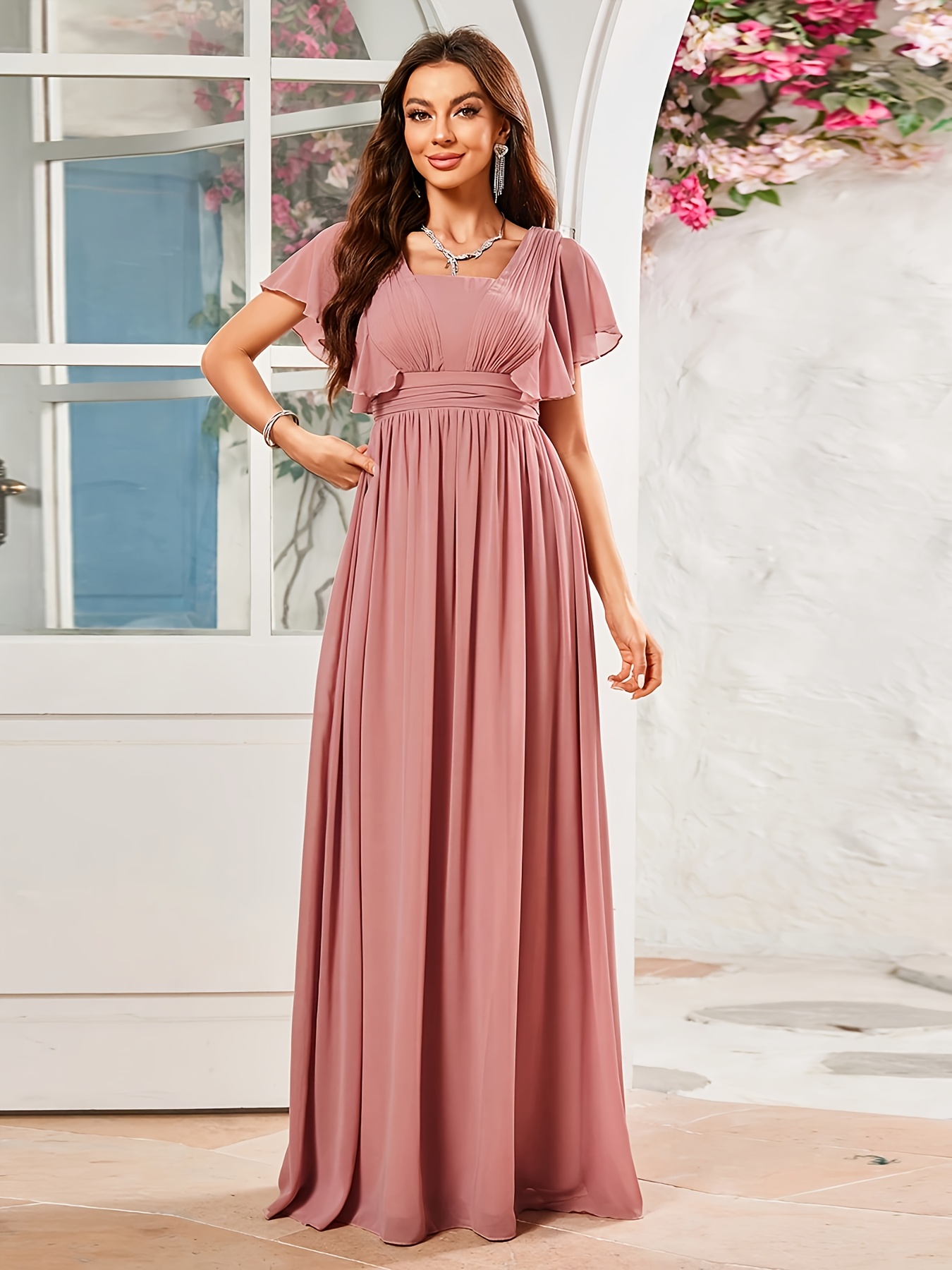 elegant directional lotus leaf sleeve waist cinching chiffon - Temu