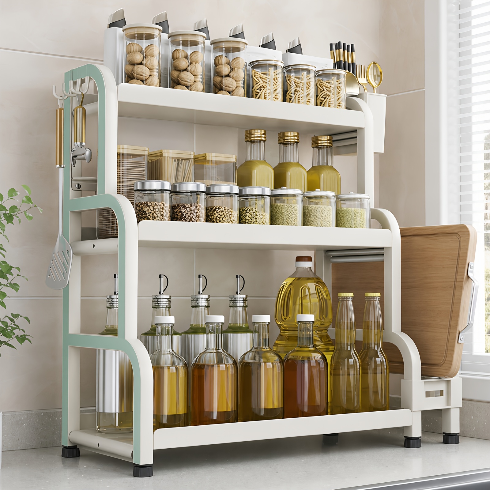 Image of Multi-functional Spice Rack, 3-layer Spice Rack, Kitchen Counter Organizer, Bathroom Counter Organizer, Bathroom Counter Organizer For Makeup, Table Organizer, With Hook, Cutting Board Rack