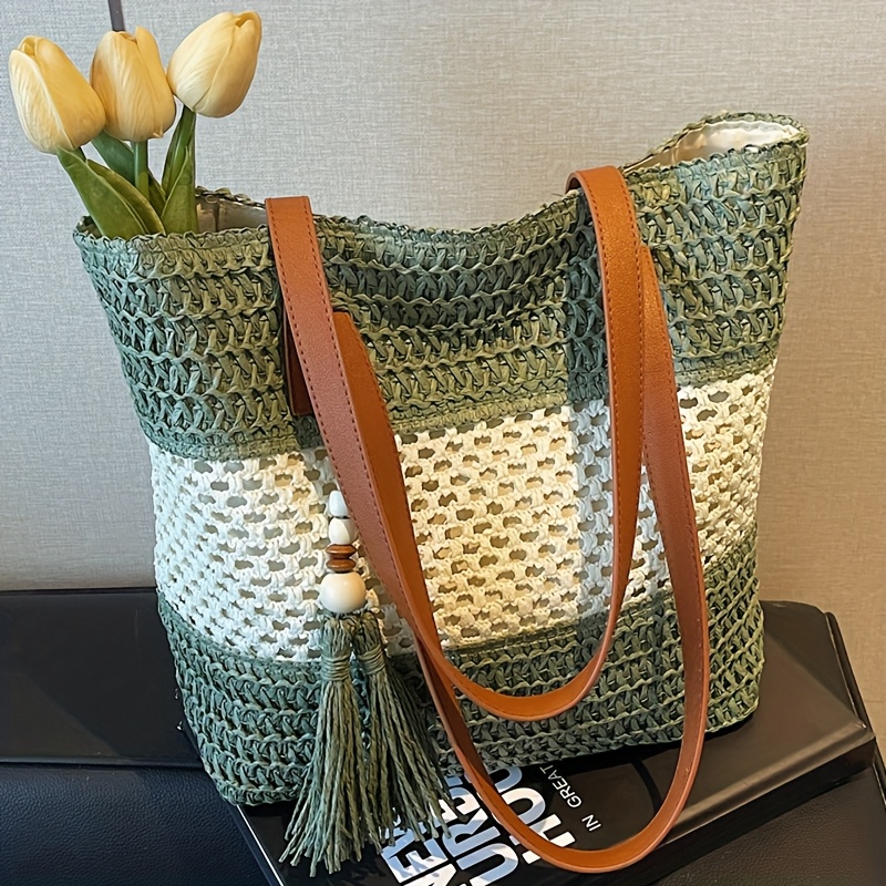 E-shop Perfekte Lily Damen Große Kapazität Gewebte Handtasche - Vintage Bohemian Stil mit Fransen & Perlenakzenten, Langlebiges Sisalseil,