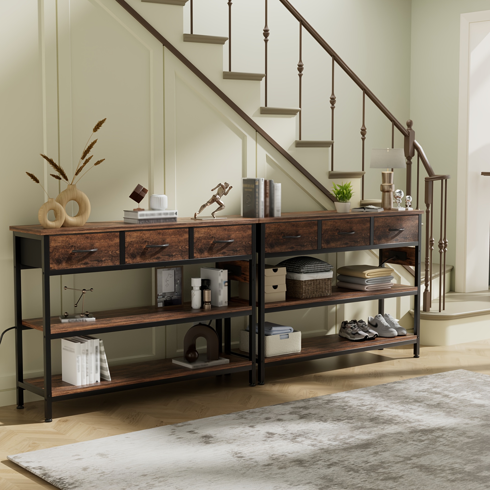3-Tier Console Table with Charging Station (2 AC Outlets + 2 USB Ports) - Hardwood Entryway Sofa Table with 3 Breathable Fabric Drawers & Open Shelves, Adjustable Feet, Modern Rustic Design for Narrow Spaces, Living Room, Hallway
