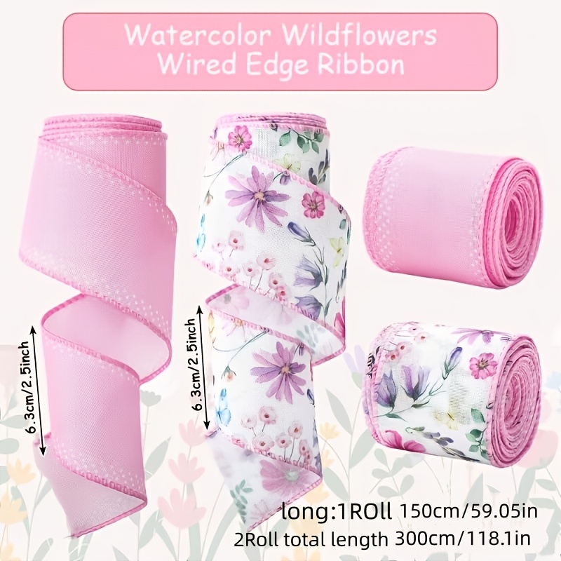 TEMU 2 Rotoli di Nastro ad Acqua Fiori Selvatici Rosa con Bordi Rinforzati, per Fai da Te Estate, Creazione di Fiocchi per Ghirlande, Confezioni
