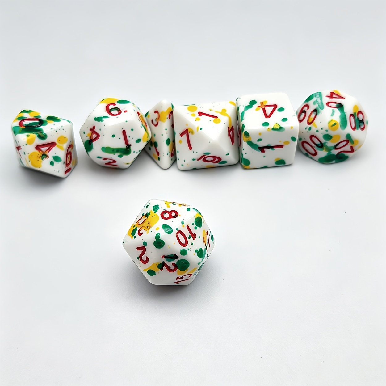 7pcs White Base Green Yellow Splash Paint Polyhedral Dice Set