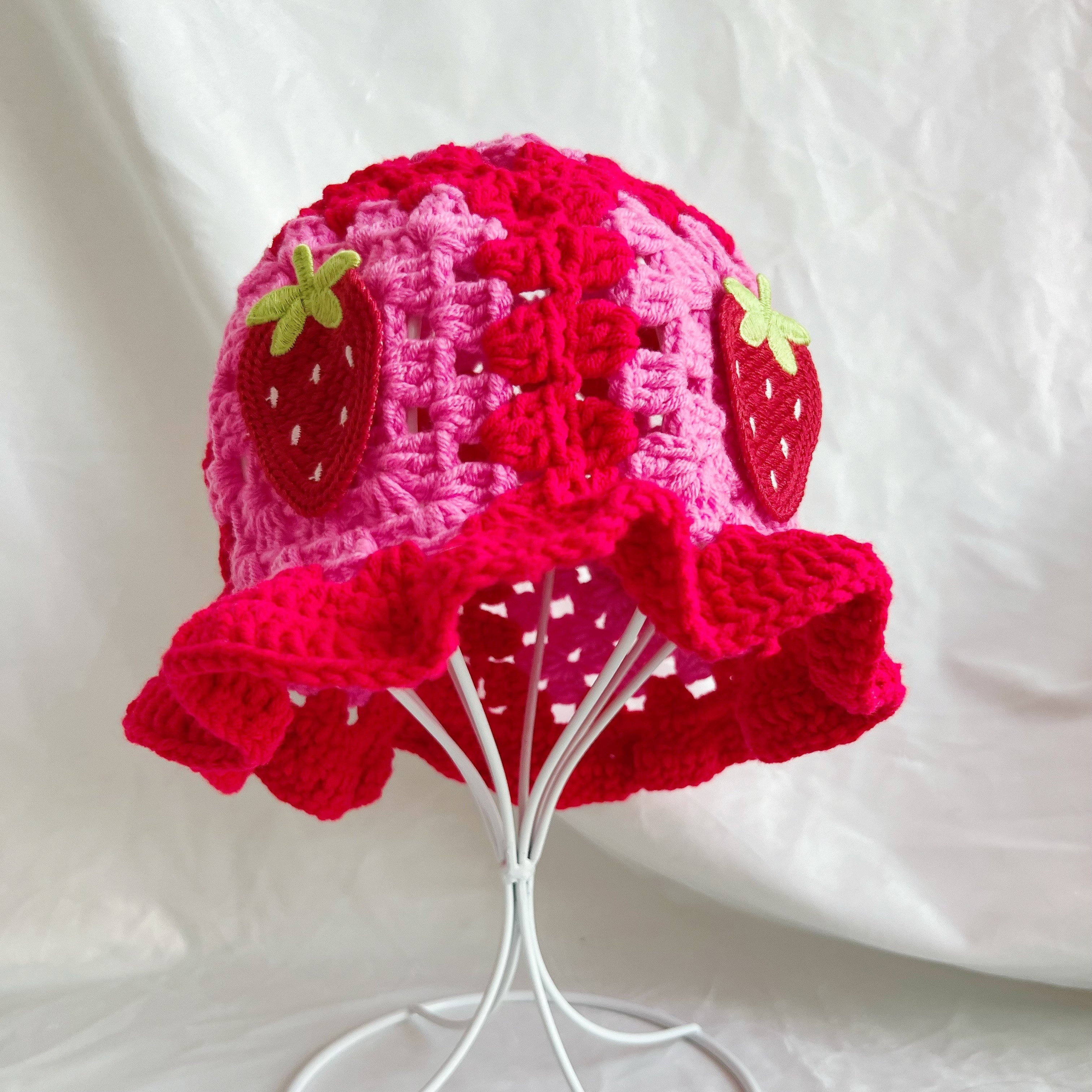 

Women's Handmade Crochet Floral Strawberry Bucket Hat, 100% Cotton Blend, Lightweight Knit Fisherman Cap With Valentine's Day Theme, , Hand Wash/ Only