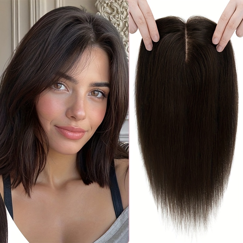 Image of Real Human Hair 360° Topper For Women - 8 Inch (13x15cm) Clip-in Mid-part Volume Enhancer With Thinning , Looking Straight Hairpiece, 6x6 Lace Front Topper For Bald & Thinning Hair -