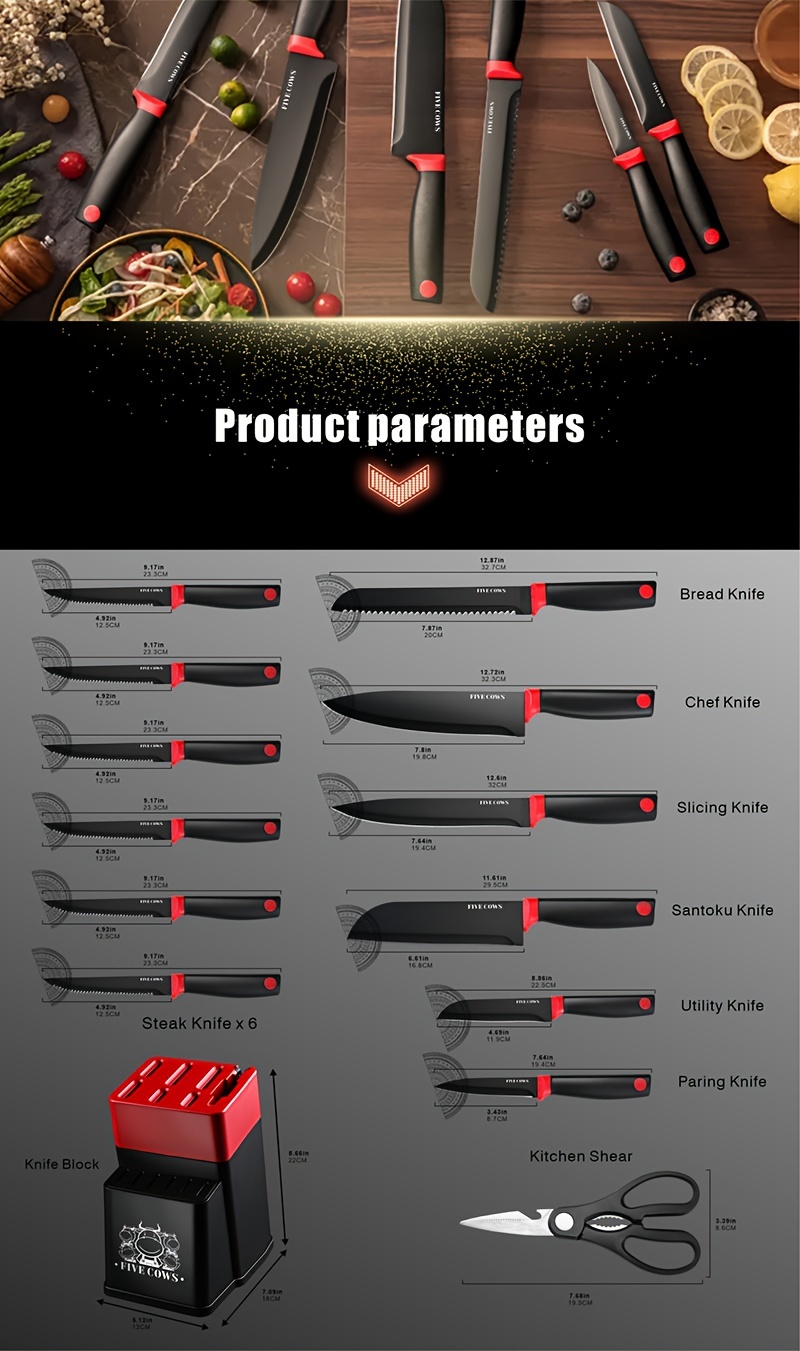 14pcs Kitchen Knife Set | High Carbon Stainless Steel Blades, German Stainless Steel, Dishwasher Safe, Built-in Sharpener, Non-Slip Handles, Ambidextrous, Black and White