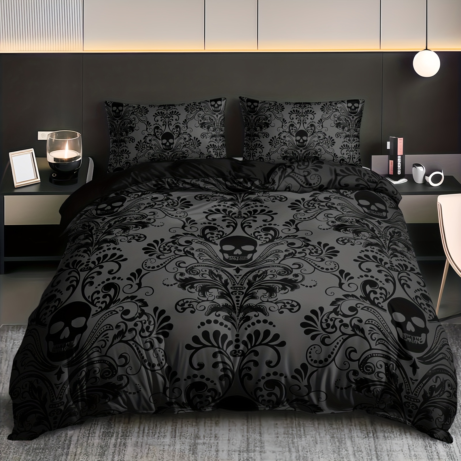 TEMU 2d Flat 3pcs Design Baroque Gothic Duvet Cover Set(1 Duvet 2 Pillowcases Without Pillow Core), Halloween Series, At Home Dormitory High Definition Code Printing Queen King Size Suitable For All