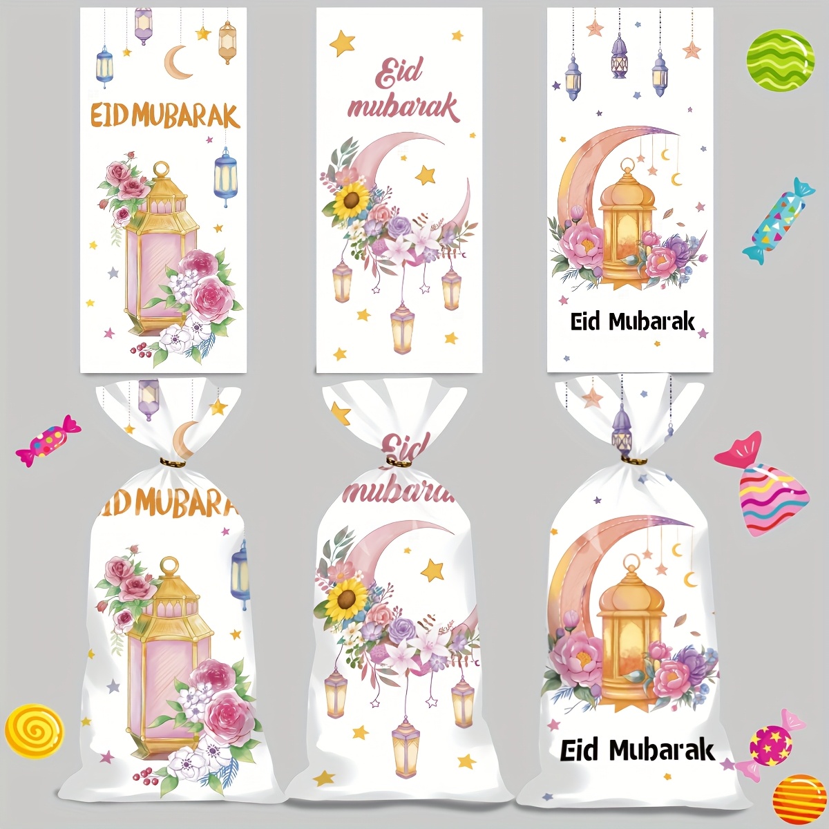 E-shop 50 Stück Neue Kreative Ins Ramadan Festival Party Geschenk Verpackungsbeutel Frische Blumen Halbmond Gedruckte Kordelzugbeutel